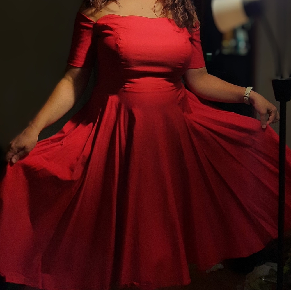 Red dress scallop neck off the shoulder NWOT